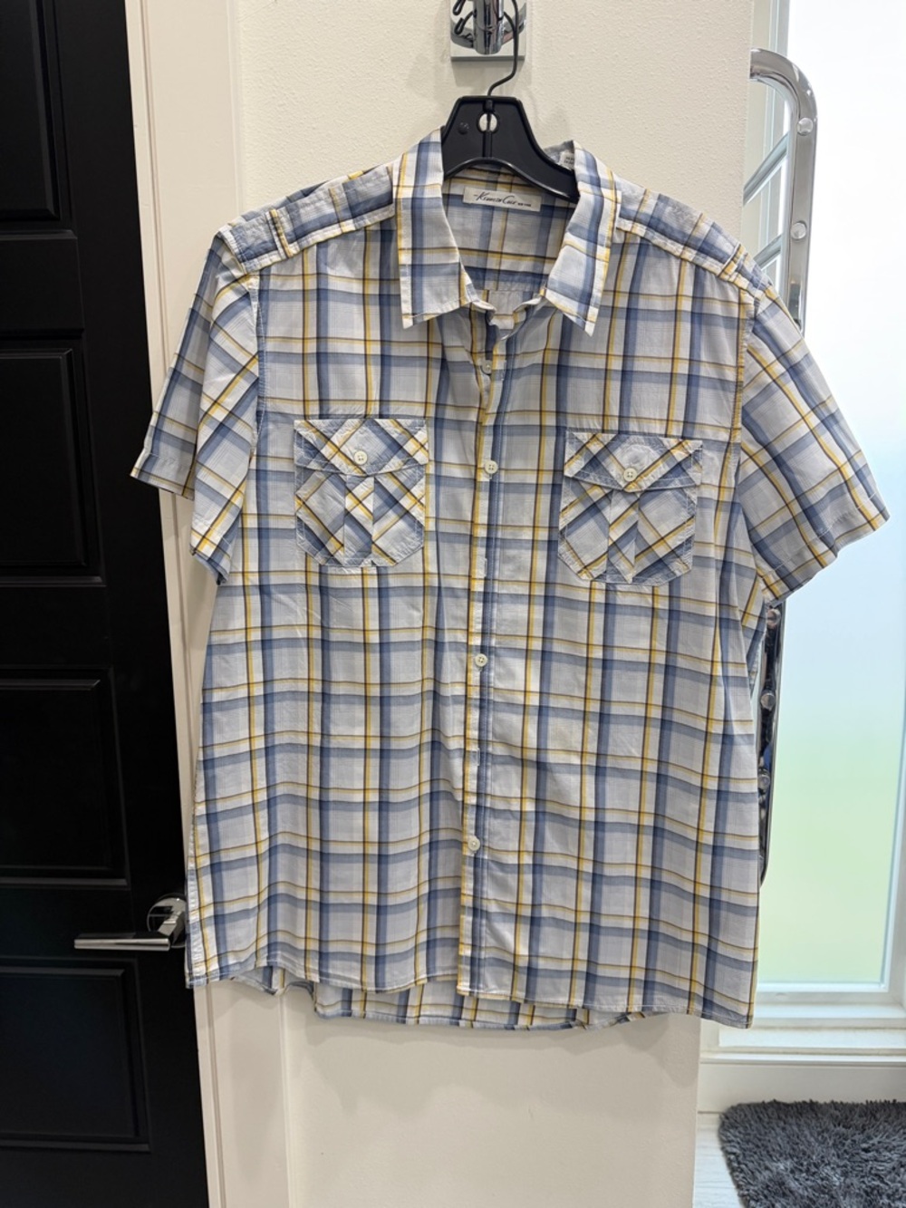 Kenneth Cole New York Light Blue & Yellow Plaid Short Sleeve Button-Up